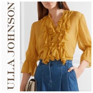 Ulla Johnson Cassan Ruffle Trimmed Silk Chiffon Blouse Mustard size 4